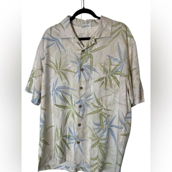 TOMMY BAHAMA BEIGE FLORAL TROPICAL HAWAIIAN BUTTON UP SHORT SLEEVE SHIRT LARGE - Picture 4 of 8